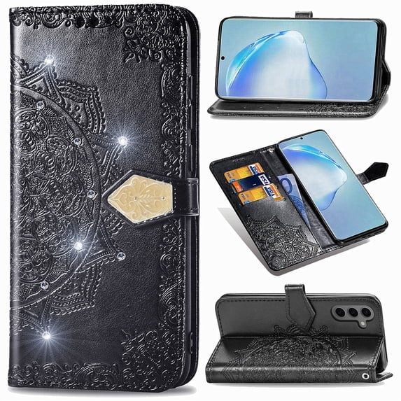 Wallet Case for Samsung Galaxy S24 Plus, Glitter PU Leather Magnetic Closure Handbag Embossed Case Kickstand Card Holder Slots with Wrist Strap TPU Shockproof Flip Cover RFID Blocking, Black
