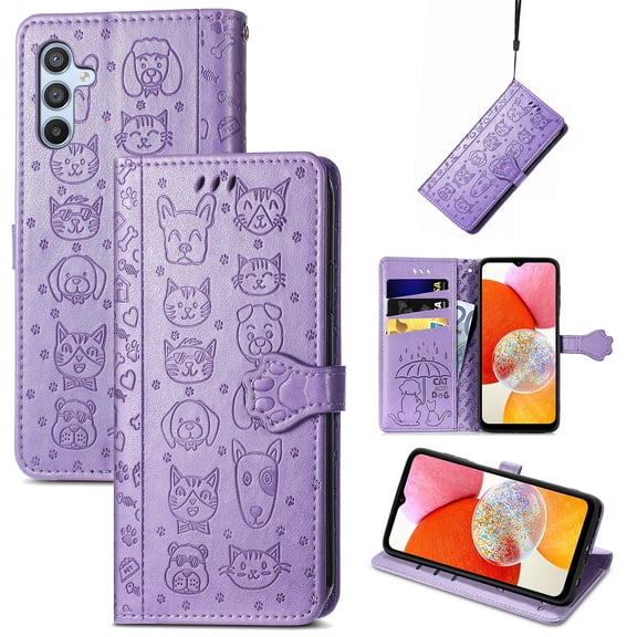 Wallet Case for Samsung Galaxy S24 Plus, Lovely Cute Cat Dog Embossed Pattern Cartoon PU Leather Flip Folio Cover with Card Slots Cash Holder Kickstand Magnetic Secure Clasp Shockproof Case,Purple