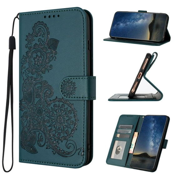 Wallet Case for Samsung Galaxy S24 Plus, PU Leather Flip Protective Phone Case Wrist Strap Card Slots Holder Pocket Emboss Flower Stand Magnetic Book Case for Samsung Galaxy S24 Plus - Darkgreen