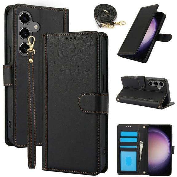 Wallet Case for Samsung Galaxy S24 Plus with Wrist Strap & Shoulder Strap, Multiple Card Slots Purse, PU Leather Stand Business Protective Phone Cover for Samsung Galaxy S24 Plus - Black