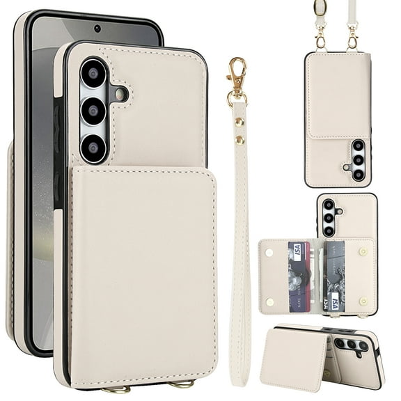 Wallet Case for Samsung Galaxy S24 Plus, with Wrist Strap and Shoulder Strap, RFID Blocking Card Slots, Classic Kickstand Magnetic Flip PU Leather Cover for Samsung Galaxy S24 Plus, White