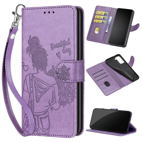 Wallet Case for Samsung Galaxy S24, Premium Embossed PU Leather Flip Cover with Card Holder Kickstand Wrist Strap, Full Body Phone Protection Case for Samsung Galaxy S24, S5purple