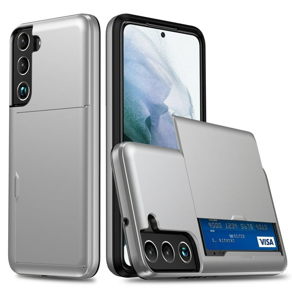 Wallet Case for Samsung Galaxy S24, Rugged Case with Credit Card Holder Sliding Slot, Military Grade Shockproof Scratch Resistant Anti-Drop Phone Cover for Samsung Galaxy S24, Silver