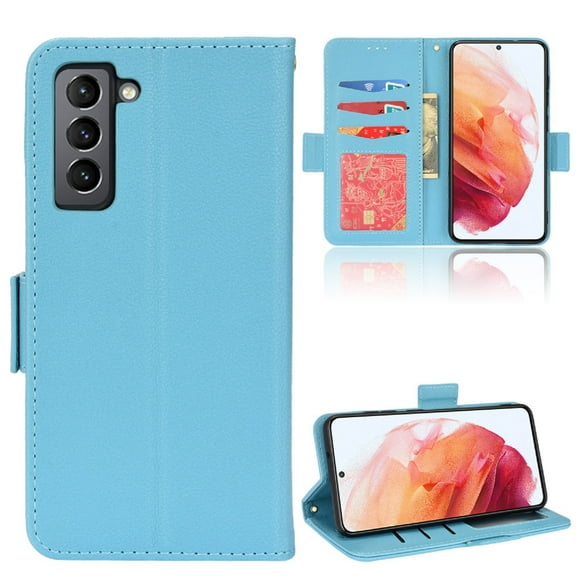 Wallet Case for Samsung Galaxy S24, Silicone Lychee Pattern PU Leather Shockproof Flip Cover with Card Slots Holder Magnetic Clasp Lock Drop Resistant Kickstand Phone Case,Cyanblue