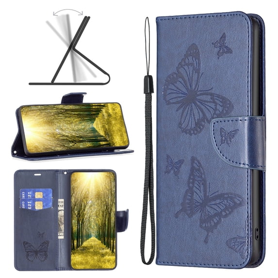 Wallet Case for Samsung Galaxy S24 Ultra, Butterflies Pattern PU Leather Flip Case with Card Holder, Kickstand Folio Magnetic Clasp Shockproof Protective Phone Cover for Galaxy S24 Ultra, Blue