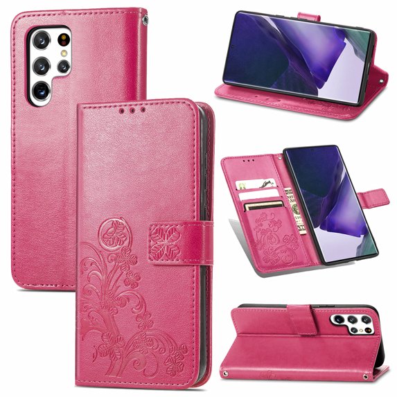 Wallet Case for Samsung Galaxy S24 Ultra with Card Slots Holder Magnetic Clasp Kickstand Flip Folio Cover, Exquisite Flower Pattern PU Leather Soft Silicone Shockproof Protective Cover, Rose