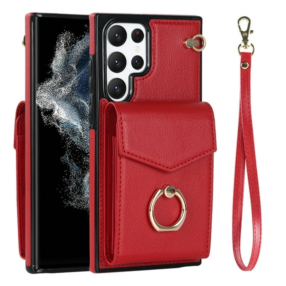 Wallet Case for Samsung Galaxy S24 Ultra with Card Slots, Ring Holder for Galaxy S24 Ultra Stand Case, Luxury PU Leather RFID Blocking with Wrist Hand Strap Shockproof Protective Cover, Red