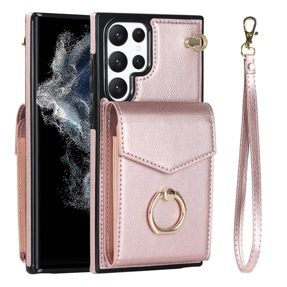Wallet Case for Samsung Galaxy S24 Ultra with Card Slots, Ring Holder for Galaxy S24 Ultra Stand Case, Luxury PU Leather RFID Blocking with Wrist Hand Strap Shockproof Protective Cover, Rosegold