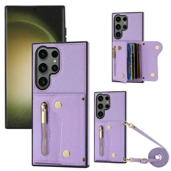 Wallet Case for Samsung Galaxy S24 Ultra, Classic Lychee Texture PU Leather Purse Case with Accordion Card Slots, Protective Crossbody Flip Cover with Zipper Shoulder Strap Lanyard, Purple
