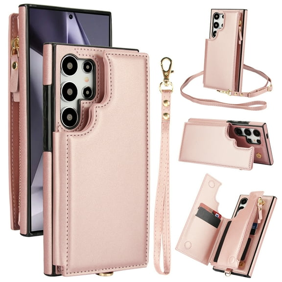 Wallet Case for Samsung Galaxy S24 Ultra, with Crossbody Shoulder Strap & Hand Wrist Cards Holder Zipper Pocket Stand Feature Protective Shockpoof Phone Case for Samsung Galaxy S24 Ultra,Rosegold
