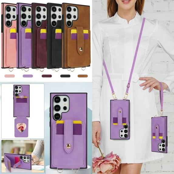 Wallet Case for Samsung Galaxy S24 Ultra, with Detachable Hand Wrist & Lanyard & Make-up Mirror Stand Feature PU Leather Drop Protection Cards Holder Phone Cover for Samsung Galaxy S24 Ultra,Purple
