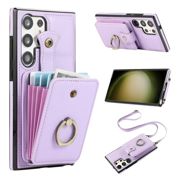 Wallet Case for Samsung Galaxy S24 Ultra, Kickstand Ring Holder Premium PU Leather Case with Crossbody Strap,Card Holder Slot Money Pocket 360°Rotation Metal Ring Grip Kickstand Cover,Purple