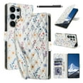 thumbnail image 1 of Wallet Case for Samsung Galaxy S24 Ultra , PU Leather Phone Cover Kickstand RFID Blocking Flip Case Card Slots Wrist Strap Relief Engraved Pattern Magnetic With Stylus Pen, Blue Purple Flower, 1 of 10