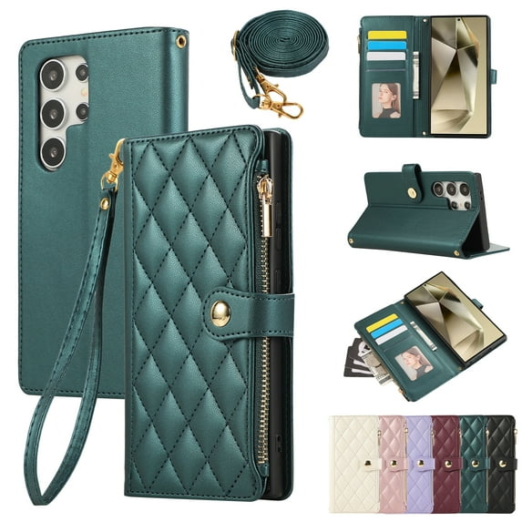 Wallet Case for Samsung Galaxy S24 Ultra, Premium Vintage PU Leather Magnetic Closure Handbag Zipper Pocket Case Kickstand Card Slots with Wrist Strap & Shoulder Strap Shockproof Flip Case - Green