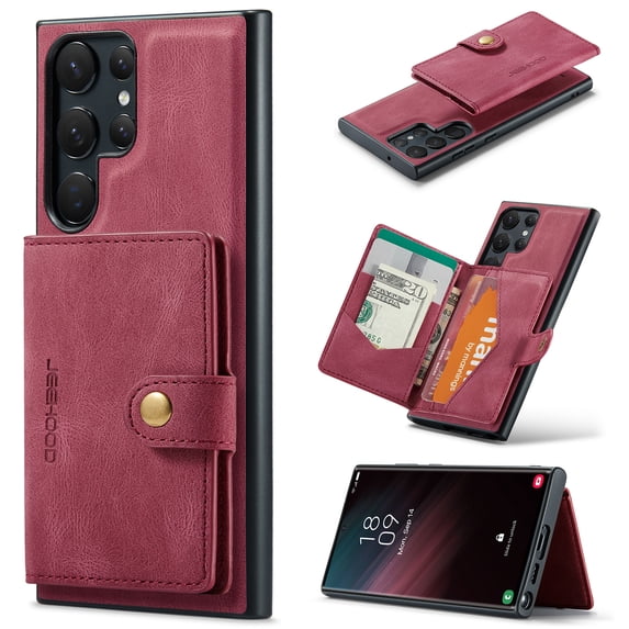 Wallet Case for Samsung Galaxy S24 Ultra, Retro PU Leather Shockproof Phone Case Magnetic Snap Back Cover Detachable with Card Holder Pocket Wallet Stand for Samsung Galaxy S24 Ultra, Red