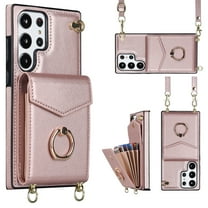 Wallet Case for Samsung Galaxy S24 Ultra with Ring Holder Kickstand, Luxury PU Leather Lanyard Crossbody Back Purse Cover with RFID Blocking Card Holder, Shockproof Protective Case, Rosegold