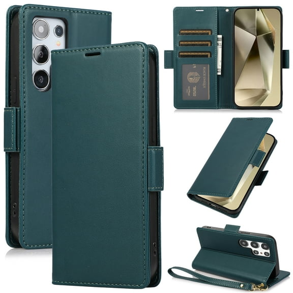 Wallet Case for Samsung Galaxy S24 Ultra, Solid color Premium PU Leather Magnetic Flip Folio Case with  Wrist Strap & RFID Blocking Credit Card Slots Kickstand Shockproof Phone Cover,Green