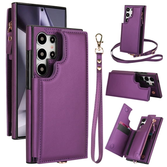 Wallet Case for Samsung Galaxy S24 Ultra, with Wrist and Shoulder Strap Kickstand Flip PU Leather 6 Card Slots Zipper Pocket Shockproof Protective Phone Cover for Galaxy S24 Ultra, Darkpurple