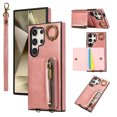 thumbnail image 1 of Wallet Case for Samsung Galaxy S24 Ultra, with Wrist Strap 360 Rotating Finger Ring Flip Zipper PU Leather Stand Card Slots Shockproof Drop Protective Phone Cover Girls Women Magnetic Buckle, Pink, 1 of 8