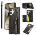 thumbnail image 1 of Wallet Case for Samsung Galaxy S24 Ultra, with Wrist Strap 360 Rotating Finger Ring Flip Zipper PU Leather Stand Card Slots Shockproof Drop Protective Phone Cover Girls Women Magnetic Buckle, Black, 1 of 7