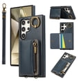thumbnail image 1 of Wallet Case for Samsung Galaxy S24 Ultra, with Wrist Strap 360 Rotating Finger Ring Flip Zipper PU Leather Stand Card Slots Shockproof Drop Protective Phone Cover Girls Women Magnetic Buckle, Blue, 1 of 7