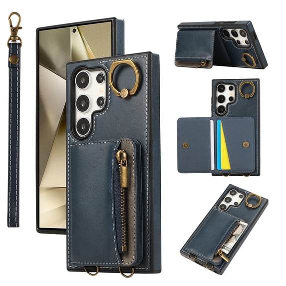 Wallet Case for Samsung Galaxy S24 Ultra, with Wrist Strap 360 Rotating Finger Ring Flip Zipper PU Leather Stand Card Slots Shockproof Drop Protective Phone Cover Girls Women Magnetic Buckle, Blue