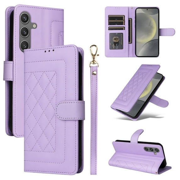Wallet Case for Samsung Galaxy S24, Vintage Wrist Strap Kickstand Credit Card Slots Magnetic Closure PU Leather Shockproof Drop Protective TPU Shell for Samsung Galaxy S24, Purple