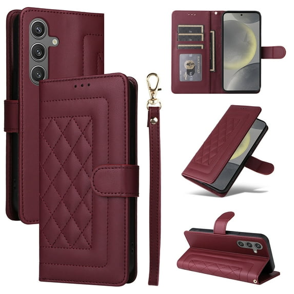 Wallet Case for Samsung Galaxy S24, Vintage Wrist Strap Kickstand Credit Card Slots Magnetic Closure PU Leather Shockproof Drop Protective TPU Shell for Samsung Galaxy S24, Winered
