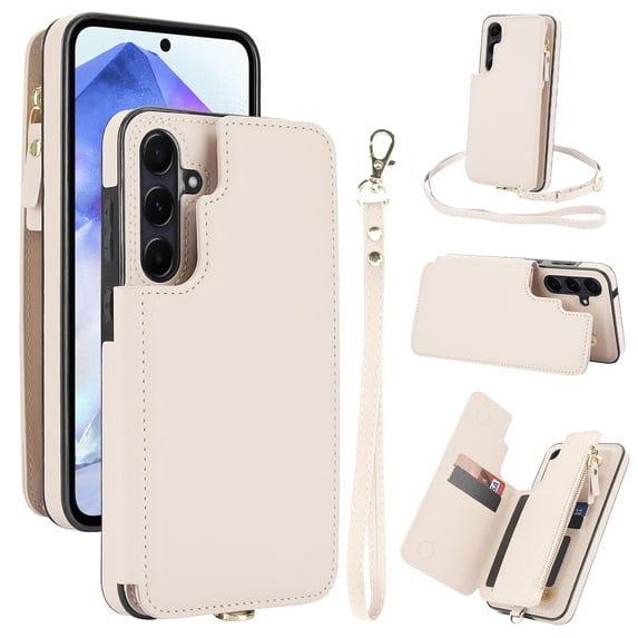 Wallet Case for Samsung Galaxy S24, with Wrist and Shoulder Strap Kickstand Flip PU Leather 6 Card Slots Zipper Pocket Shockproof Protective Phone Cover for Galaxy S24, White