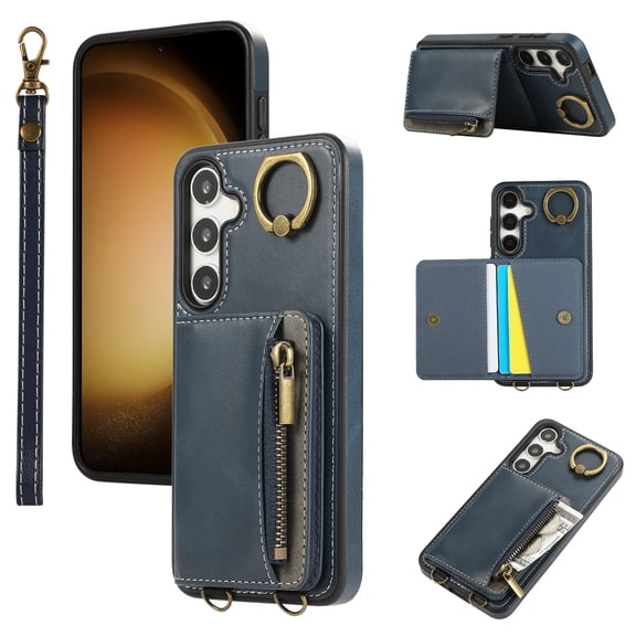 Wallet Case for Samsung Galaxy S24, with Wrist Strap 360 Rotating Finger Ring Flip Zipper PU Leather Stand Card Slots Shockproof Drop Protective Phone Cover Girls Women Magnetic Buckle, Blue