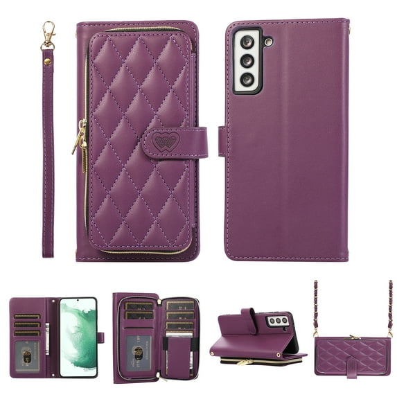 Wallet Case for Samsung Galaxy S24 with Wrist Strap, Shoulder Strap, 9+ Card Slots Zipper Purse, Luxury PU Leather Stand Phone Cover Magnetic Clasp Compatible with Samsung Galaxy S24, Darkpurple