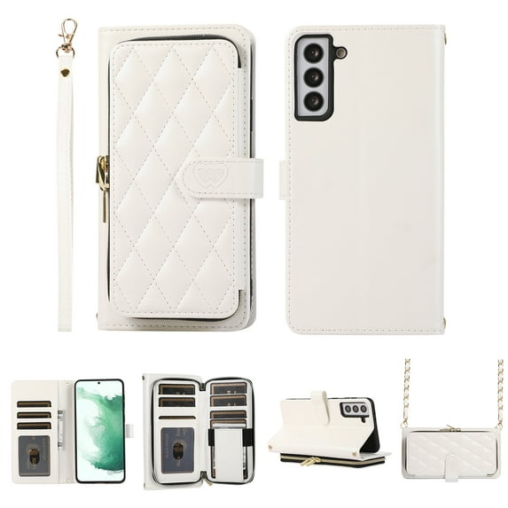 Wallet Case for Samsung Galaxy S24 with Wrist Strap, Shoulder Strap, 9+ Card Slots Zipper Purse, Luxury PU Leather Stand Phone Cover Magnetic Clasp Compatible with Samsung Galaxy S24, White