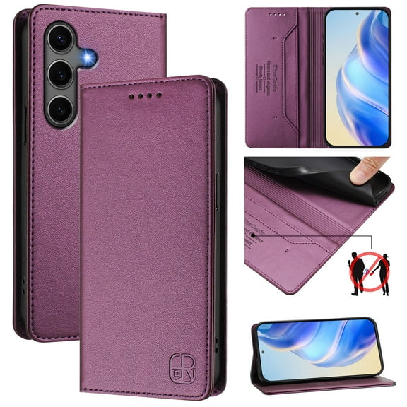 Wallet Case for Samsung Galaxy S25 with Card Holder, Business Premium PU Leather Flip RFID Blocking Wallet Case with Wrist Strap Kickstand Protective Cover for Samsung Galaxy S25, Darkpurple