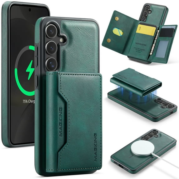 Wallet Case for Samsung Galaxy S25 Compatible with MagSafe for Men Women, Detachable Magnetic Wallet Phone Case with Card Slots Holder Kickstand RFID Blocking for Galaxy S25, Green