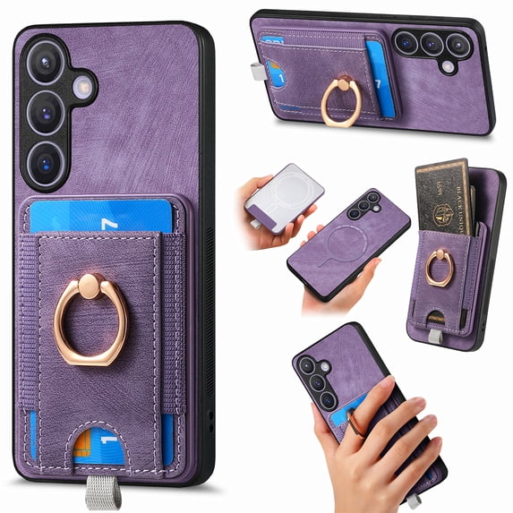Wallet Case for Samsung Galaxy S25 with Detachable Card Holder, Rotation Ring Stand Case, Magnetic Vintage PU Leather Cover with Mag-Safe Shockproof Case for Samsung Galaxy S25, Purple