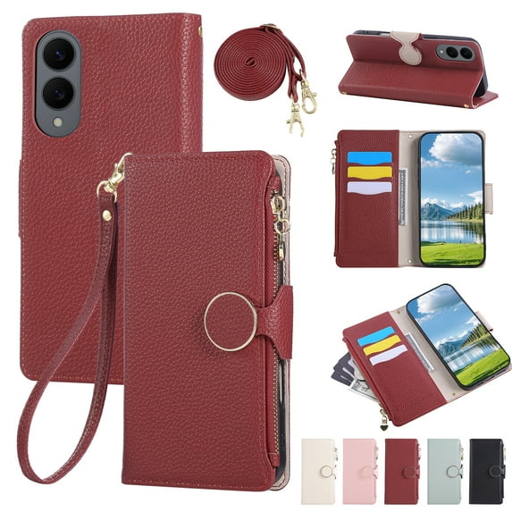 Wallet Case for Samsung Galaxy S25 Edge with Card Holder PU Leather Magnetic Clasp Zipper Pocket Crossbody Phone Case with Wrist Strap Shoulder Strap Fit for Samsung Galaxy S25 Edge, Red
