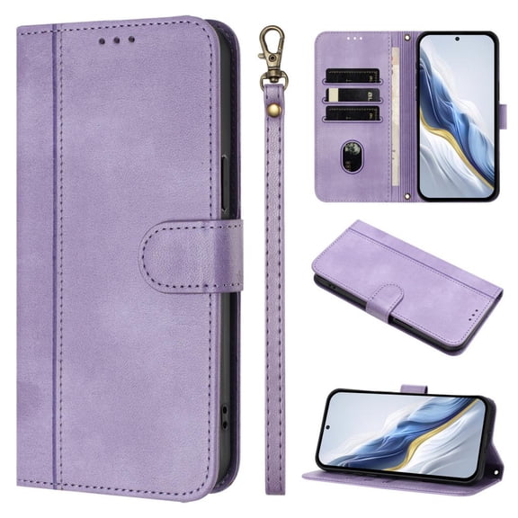 Wallet Case for Samsung Galaxy S25 Edge, Short Strap PU Leather Case, Premium PU Leather Kickstand Magnetic Folio Cover for Galaxy S25 Edge with Card Holder, Support Wireless Charging - Purple