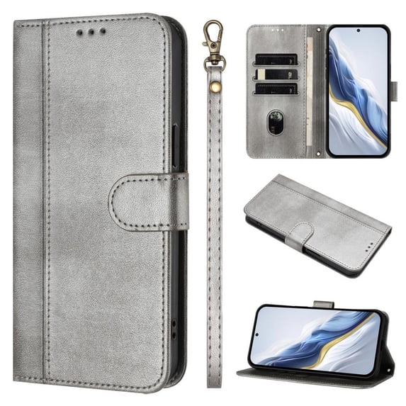 Wallet Case for Samsung Galaxy S25 Edge, Short Strap PU Leather Case, Premium PU Leather Kickstand Magnetic Folio Cover for Galaxy S25 Edge with Card Holder, Support Wireless Charging - Gray