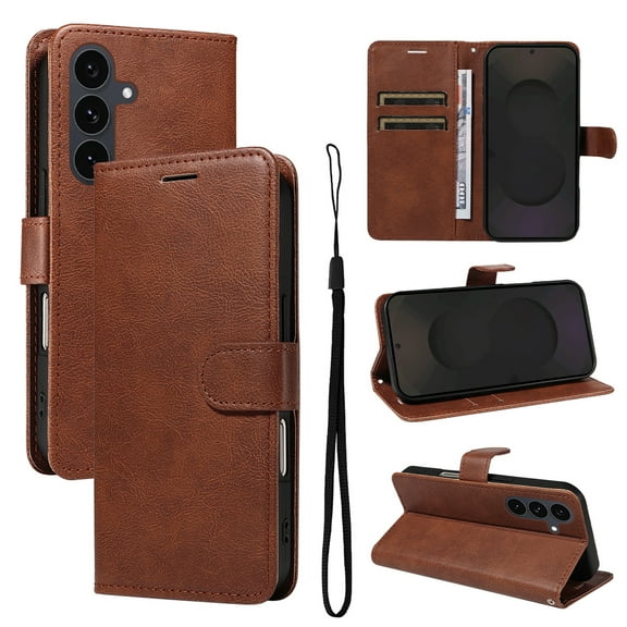 Wallet Case for Samsung Galaxy S25 FE with Card Holder, PU Leather Flip Folio Shell Wrist Strap Stand Function Magnetic Closure Shockproof Protective Phone Cover for Samsung Galaxy S25 FE, Brown