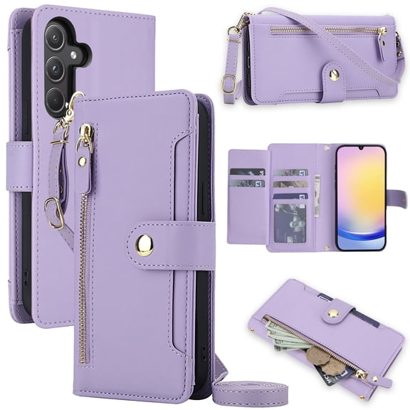 Wallet Case for Samsung Galaxy S25 FE, PU Leather TPU Flip Cover with RFID Blocking Card Slots Zipper Pocket Cash Pocket Kickstand Wrist & Shoulder Strap Magnetic Clasp, Purple