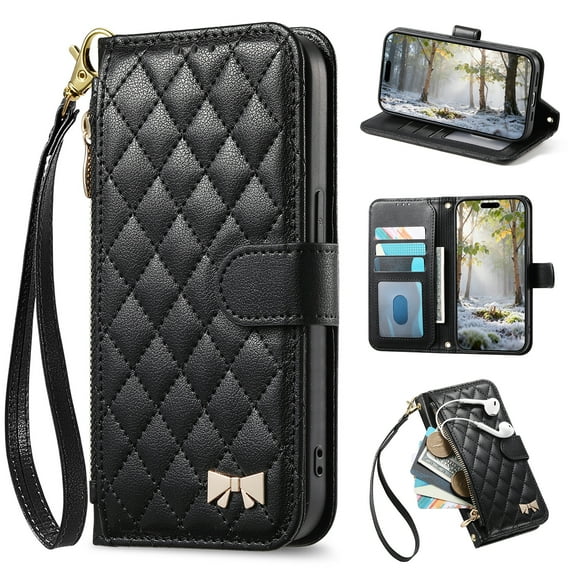 Wallet Case for Samsung Galaxy S25 FE, Premium Lychee Texture PU Leather Magnetic Closure Zipper Pocket Case Kickstand Card Holder Slots with Wrist Strap TPU Shockproof Flip Phone Cover - Black