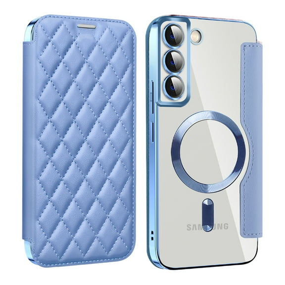 Wallet Case for Samsung Galaxy S25+,Magnetic Flip Cover Clear Back Compatible with MagSafe,[RFID Blocking Card Slots] Premium PU Leather Plating edge Shockproof Phone Case Kickstand,Blue