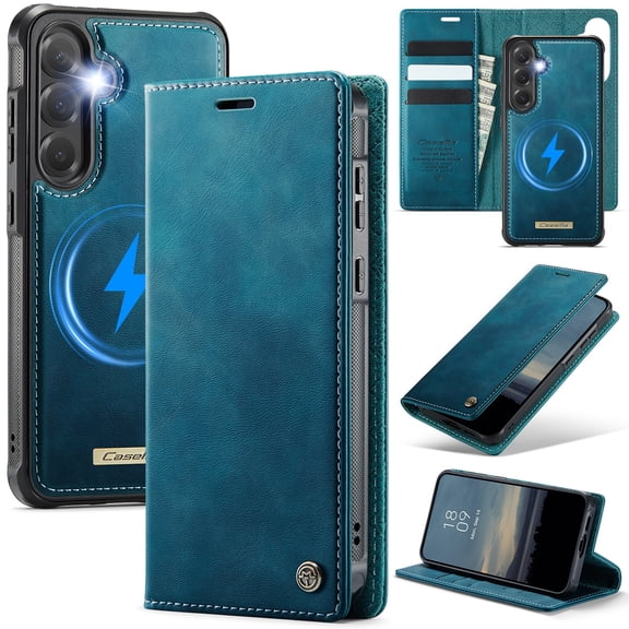 Wallet Case for Samsung Galaxy S25, PU Leather + TPU Material, Detachable Magnetic Back Cover, RFID Blocking 3 Card Slots and 1 Cash Pocket, Kickstand Full Body Protective Phone Case, Green