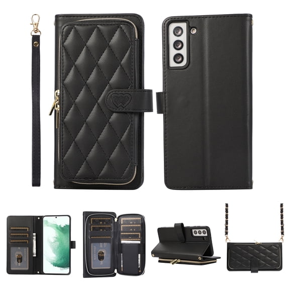 Wallet Case for Samsung Galaxy S25, PU Leather Wrist Strap and Chain Strap Crossbody Purse Cover with Card Holder Zipper Pocket Shockproof Protection Phone Case for Women Girls, Black