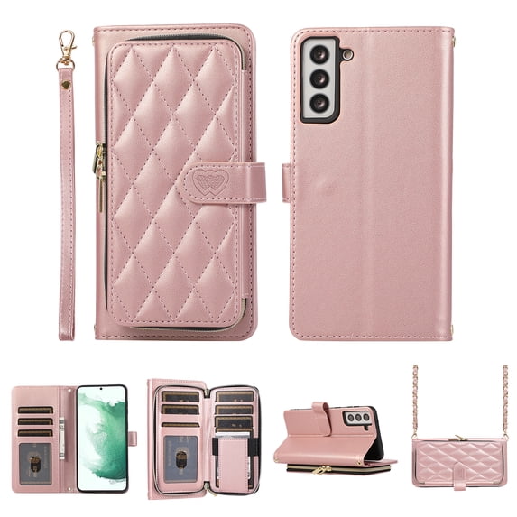 Wallet Case for Samsung Galaxy S25, PU Leather Wrist Strap and Chain Strap Crossbody Purse Cover with Card Holder Zipper Pocket Shockproof Protection Phone Case for Women Girls, Rosegold