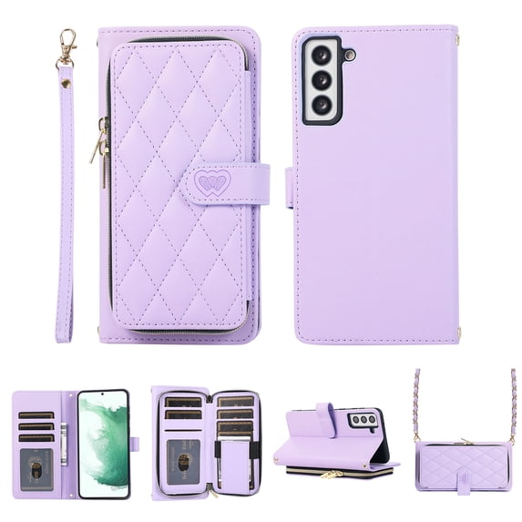 Wallet Case for Samsung Galaxy S25, PU Leather Wrist Strap and Chain Strap Crossbody Purse Cover with Card Holder Zipper Pocket Shockproof Protection Phone Case for Women Girls, Purple