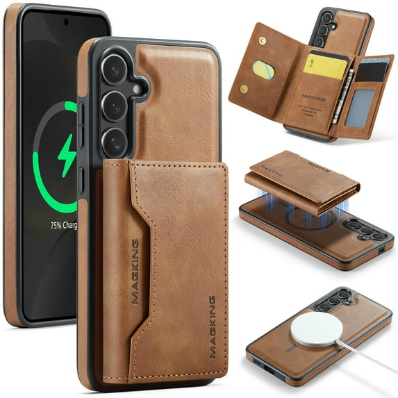 Wallet Case for Samsung Galaxy S25 Plus Compatible with MagSafe for Men Women, Detachable Magnetic Wallet Phone Case with Card Slots Holder Kickstand RFID Blocking for Galaxy S25 Plus, Brown