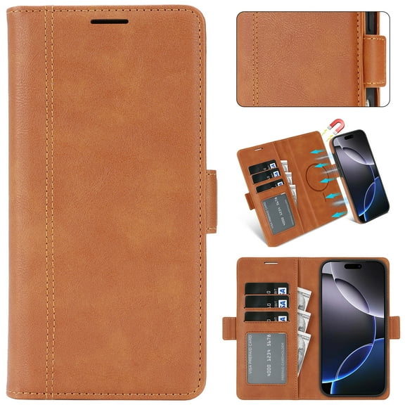 Wallet Case for Samsung Galaxy S25 Plus Compatible with Magsafe, Removable 2-in-1 Premium PU Leather Flip RFID Blocking Card Holder Stand Shockproof Magnetic Detachable Phone Cover,Brown