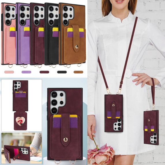 Wallet Case for Samsung Galaxy S25+ Plus, with Detachable Hand Wrist & Lanyard & Make-up Mirror Stand Feature PU Leather Drop Protection Cards Holder Phone Cover for Samsung Galaxy S25+,Winered