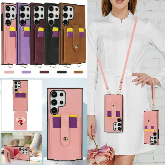 Wallet Case for Samsung Galaxy S25+ Plus, with Detachable Hand Wrist & Lanyard & Make-up Mirror Stand Feature PU Leather Drop Protection Cards Holder Phone Cover for Samsung Galaxy S25+,Pink